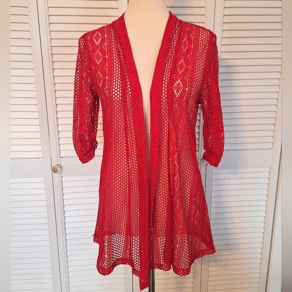 Kim Rogers Sweaters - Kim Rogers Red Lace Open Cardigan Medium *U